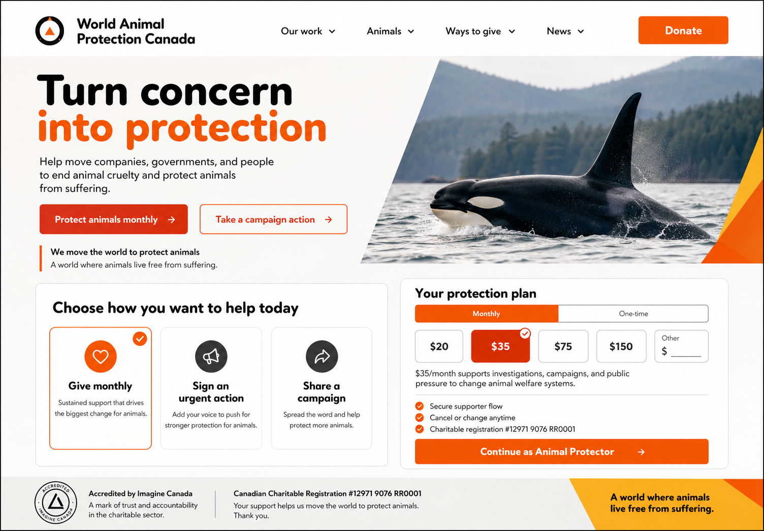 World Animal Protection Canada supporter action prototype screen